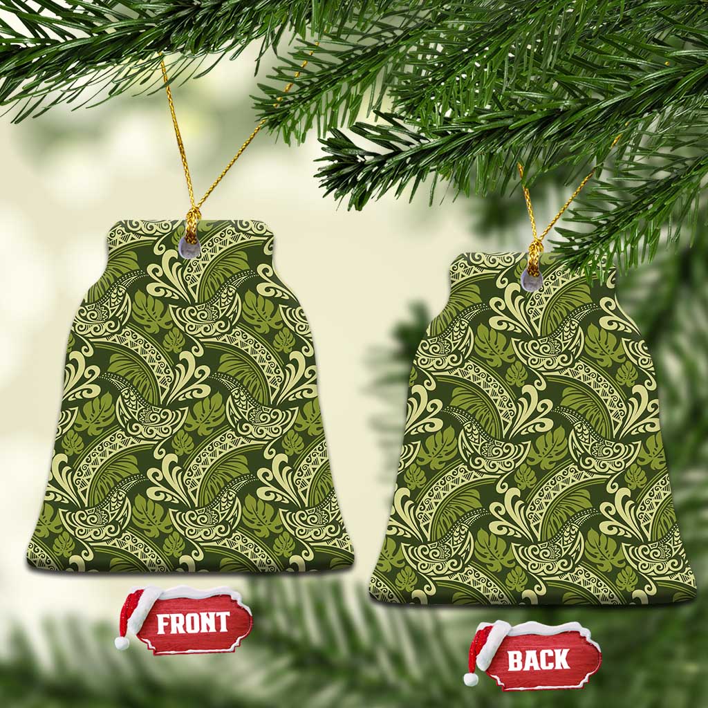 Olive Green Monstera Ceramic Ornament Polynesian Tribal Pattern LT01 Bell Flake Green - Polynesian Pride