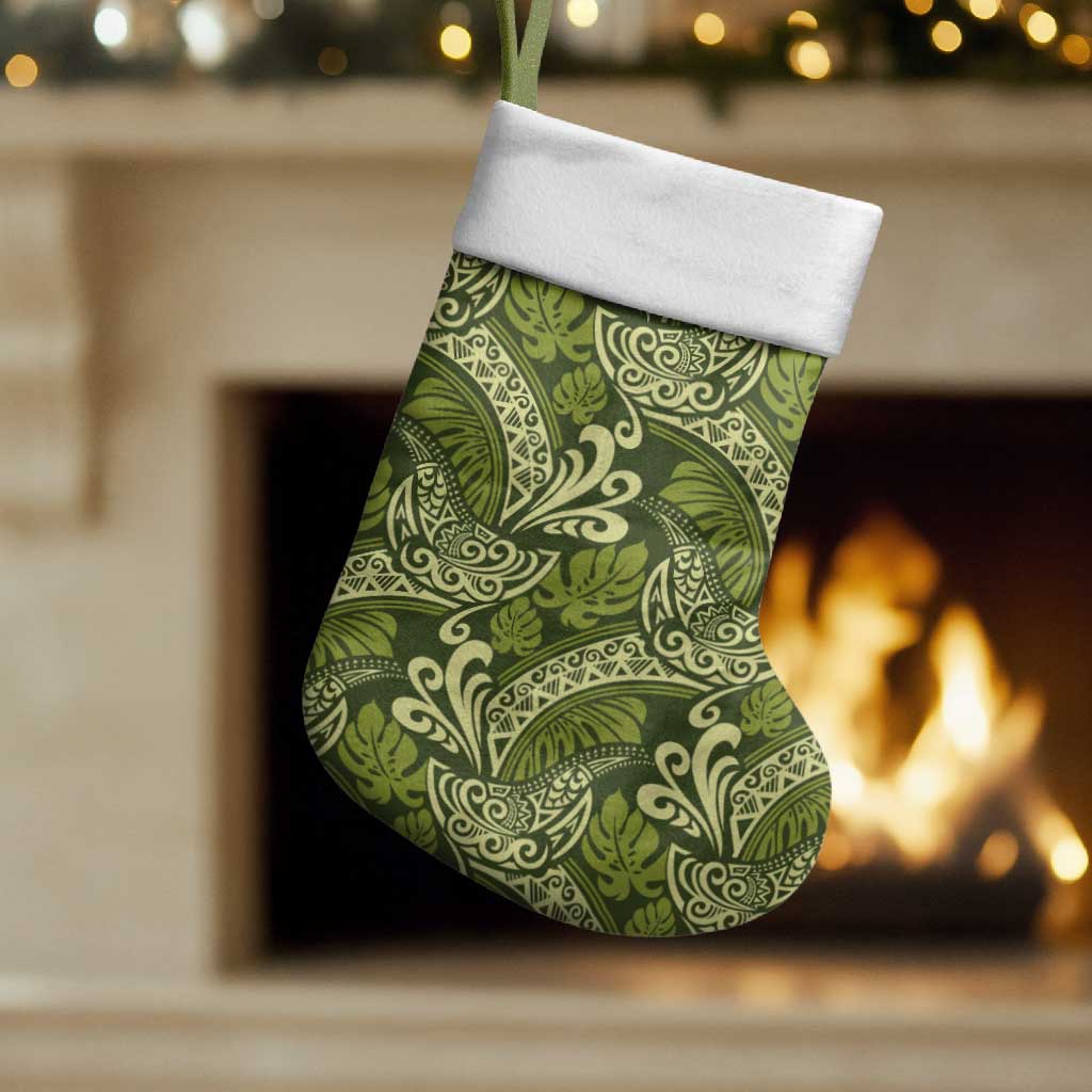 Olive Green Monstera Christmas Stocking Polynesian Tribal Pattern - Polynesian Pride