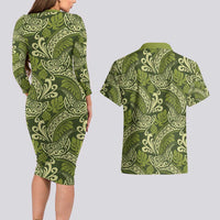 Olive Green Monstera Couples Matching Long Sleeve Bodycon Dress and Hawaiian Shirt Polynesian Tribal Pattern - Polynesian Pride