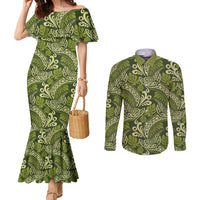Olive Green Monstera Couples Matching Mermaid Dress and Long Sleeve Button Shirt Polynesian Tribal Pattern LT01 Green - Polynesian Pride