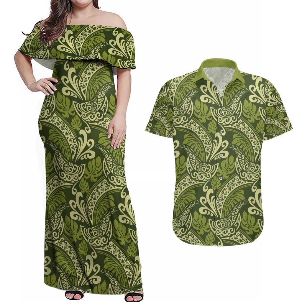 Olive Green Monstera Couples Matching Off Shoulder Maxi Dress and Hawaiian Shirt Polynesian Tribal Pattern - Polynesian Pride