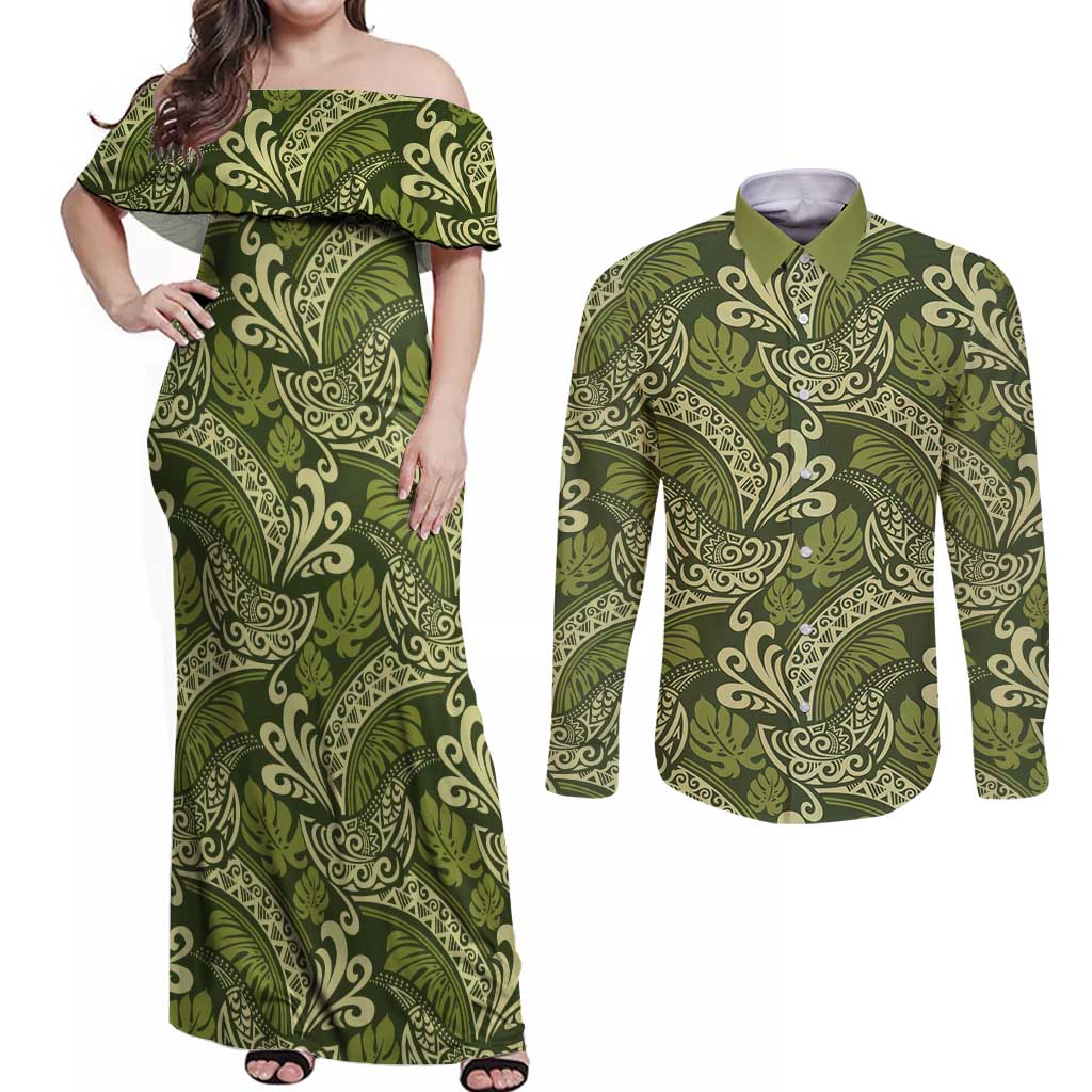 Olive Green Monstera Couples Matching Off Shoulder Maxi Dress and Long Sleeve Button Shirt Polynesian Tribal Pattern LT01 Green - Polynesian Pride
