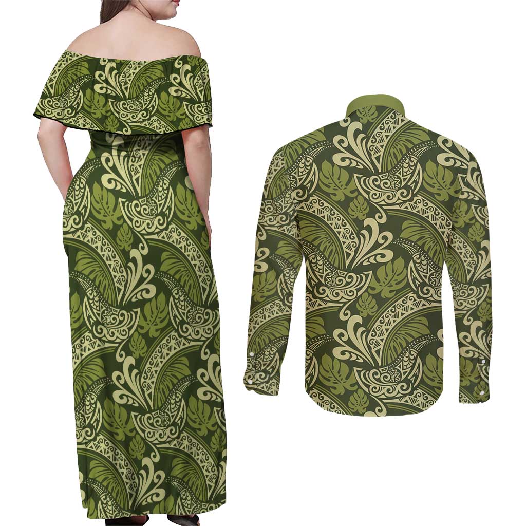 Olive Green Monstera Couples Matching Off Shoulder Maxi Dress and Long Sleeve Button Shirt Polynesian Tribal Pattern LT01 - Polynesian Pride