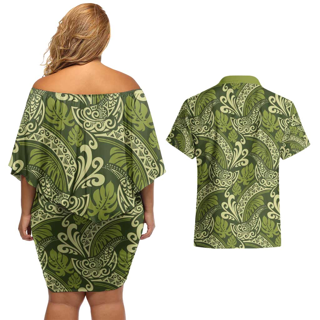 Olive Green Monstera Couples Matching Off Shoulder Short Dress and Hawaiian Shirt Polynesian Tribal Pattern - Polynesian Pride