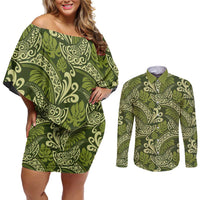 Olive Green Monstera Couples Matching Off Shoulder Short Dress and Long Sleeve Button Shirt Polynesian Tribal Pattern LT01 Green - Polynesian Pride