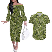 Olive Green Monstera Couples Matching Off The Shoulder Long Sleeve Dress and Hawaiian Shirt Polynesian Tribal Pattern - Polynesian Pride
