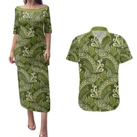 Olive Green Monstera Couples Matching Puletasi and Hawaiian Shirt Polynesian Tribal Pattern LT01 Green - Polynesian Pride