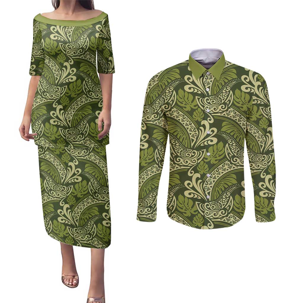 Olive Green Monstera Couples Matching Puletasi and Long Sleeve Button Shirt Polynesian Tribal Pattern LT01 Green - Polynesian Pride