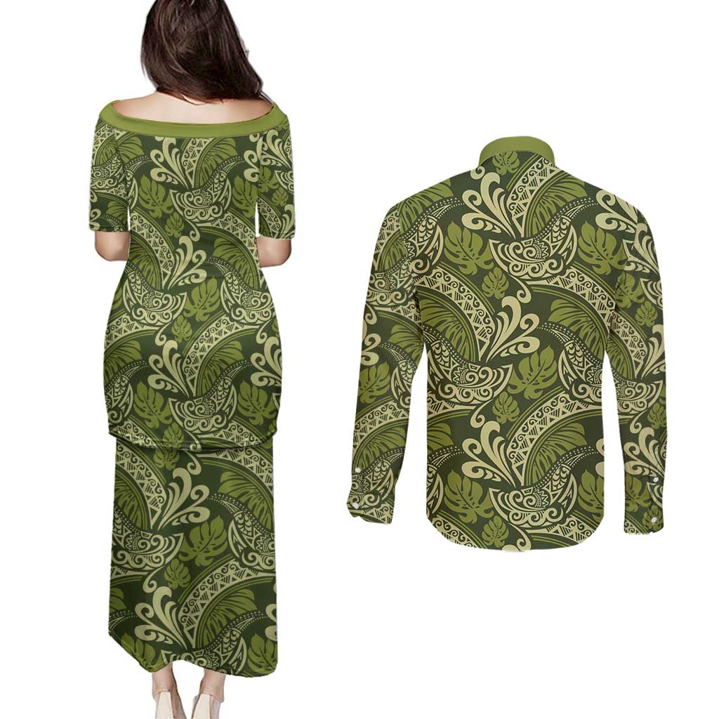 Olive Green Monstera Couples Matching Puletasi and Long Sleeve Button Shirt Polynesian Tribal Pattern LT01 - Polynesian Pride