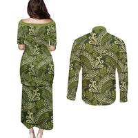 Olive Green Monstera Couples Matching Puletasi and Long Sleeve Button Shirt Polynesian Tribal Pattern LT01 - Polynesian Pride