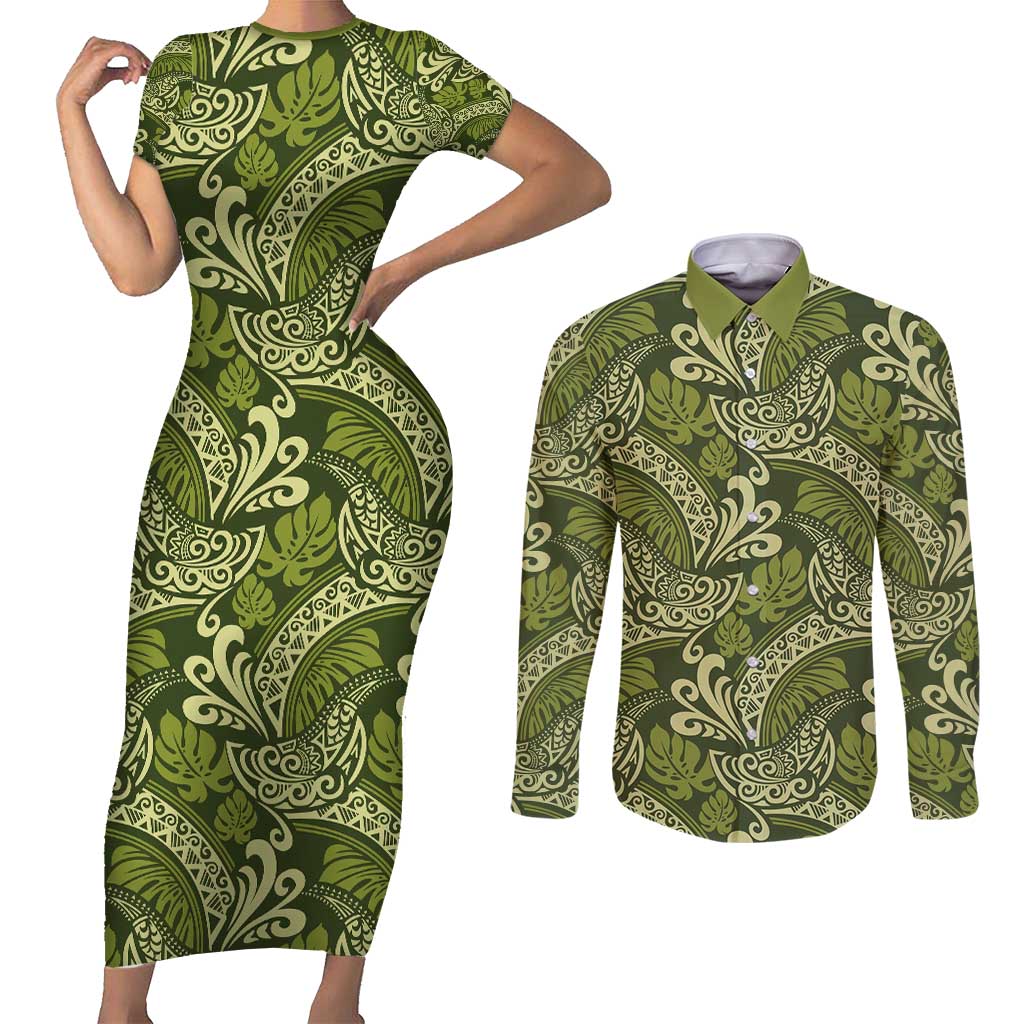 Olive Green Monstera Couples Matching Short Sleeve Bodycon Dress and Long Sleeve Button Shirt Polynesian Tribal Pattern - Polynesian Pride