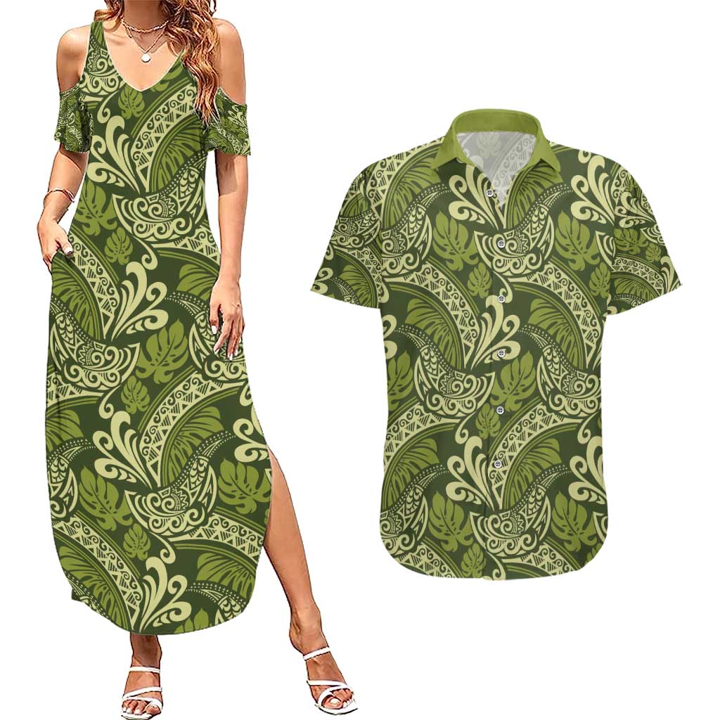 Olive Green Monstera Couples Matching Summer Maxi Dress and Hawaiian Shirt Polynesian Tribal Pattern - Polynesian Pride