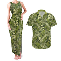 Olive Green Monstera Couples Matching Tank Maxi Dress and Hawaiian Shirt Polynesian Tribal Pattern - Polynesian Pride