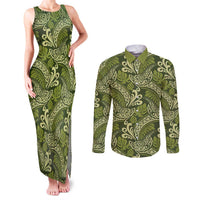 Olive Green Monstera Couples Matching Tank Maxi Dress and Long Sleeve Button Shirt Polynesian Tribal Pattern LT01 Green - Polynesian Pride