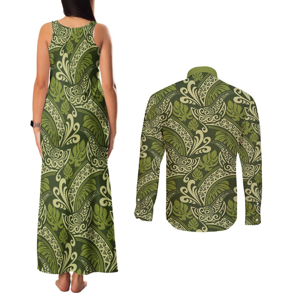 Olive Green Monstera Couples Matching Tank Maxi Dress and Long Sleeve Button Shirt Polynesian Tribal Pattern LT01 - Polynesian Pride