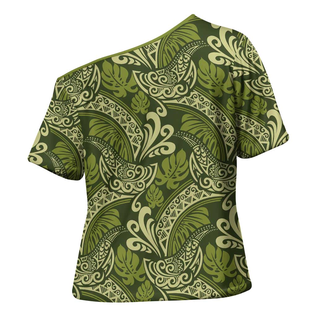 Olive Green Monstera Cross Shoulder Shirt Polynesian Tribal Pattern LT01 - Polynesian Pride