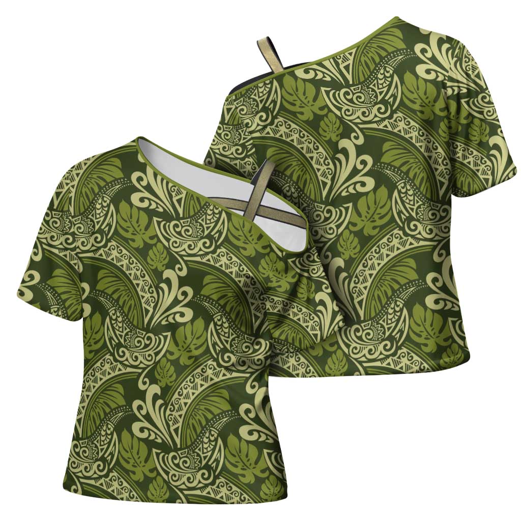 Olive Green Monstera Cross Shoulder Shirt Polynesian Tribal Pattern LT01 - Polynesian Pride