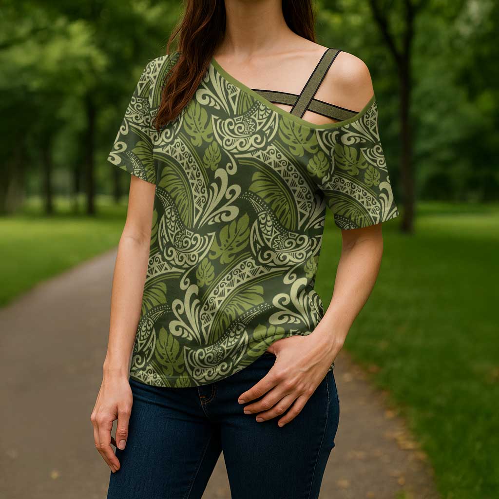 Olive Green Monstera Cross Shoulder Shirt Polynesian Tribal Pattern LT01 - Polynesian Pride