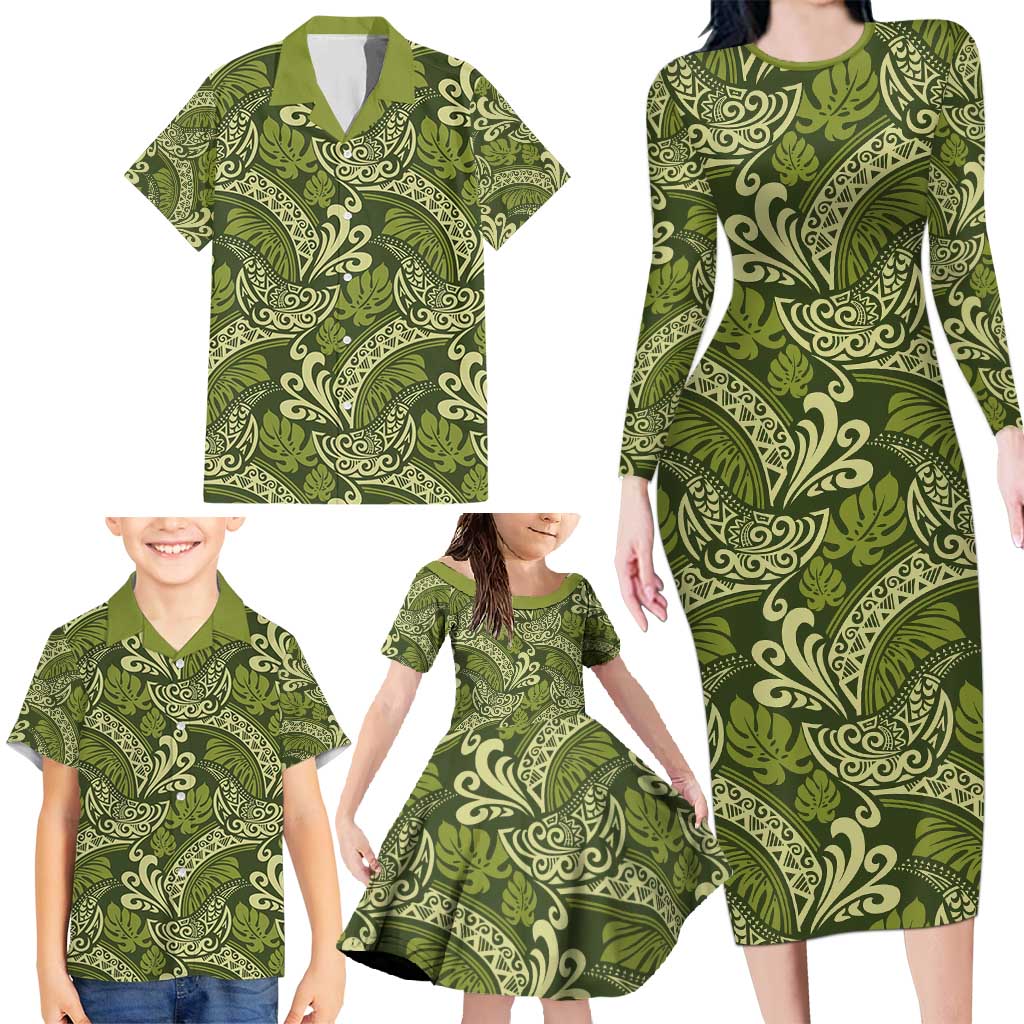 Olive Green Monstera Family Matching Long Sleeve Bodycon Dress and Hawaiian Shirt Polynesian Tribal Pattern - Polynesian Pride