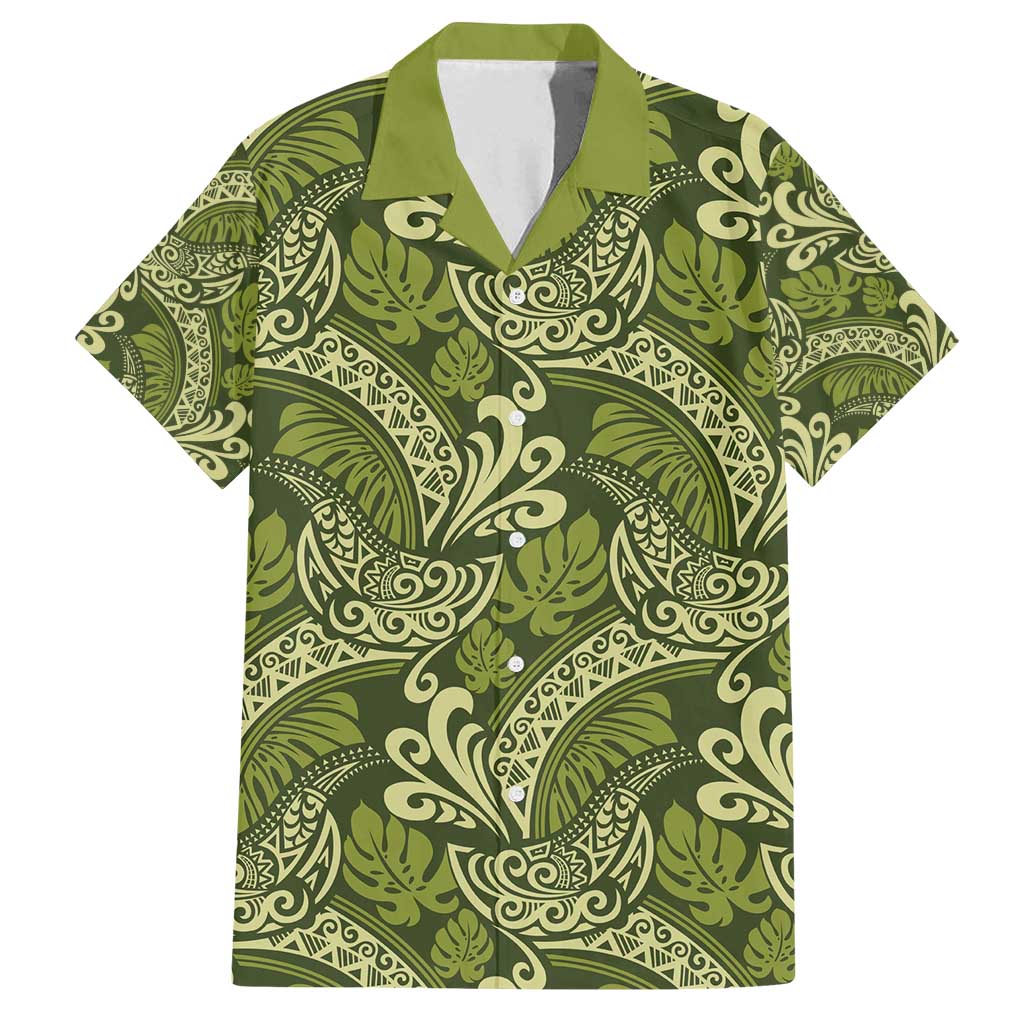 Olive Green Monstera Family Matching Long Sleeve Bodycon Dress and Hawaiian Shirt Polynesian Tribal Pattern - Polynesian Pride