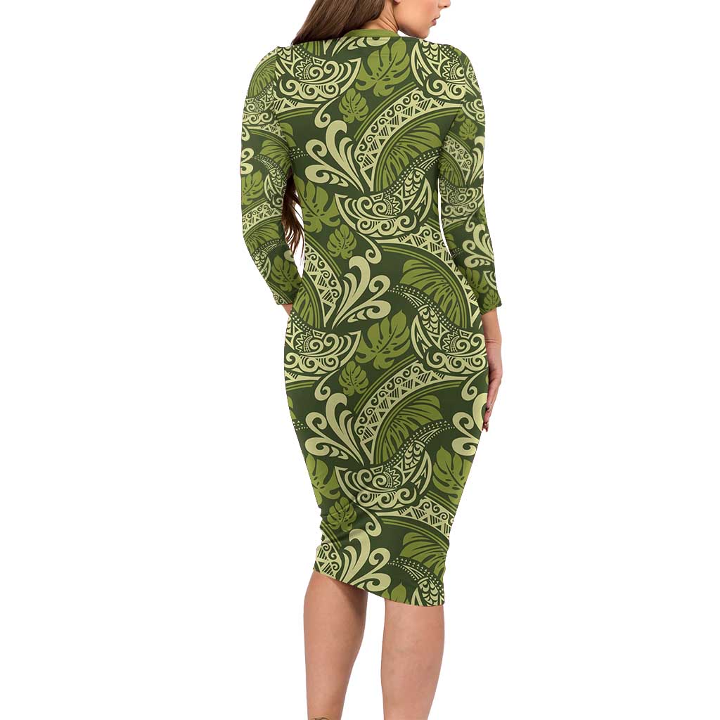 Olive Green Monstera Family Matching Long Sleeve Bodycon Dress and Hawaiian Shirt Polynesian Tribal Pattern - Polynesian Pride