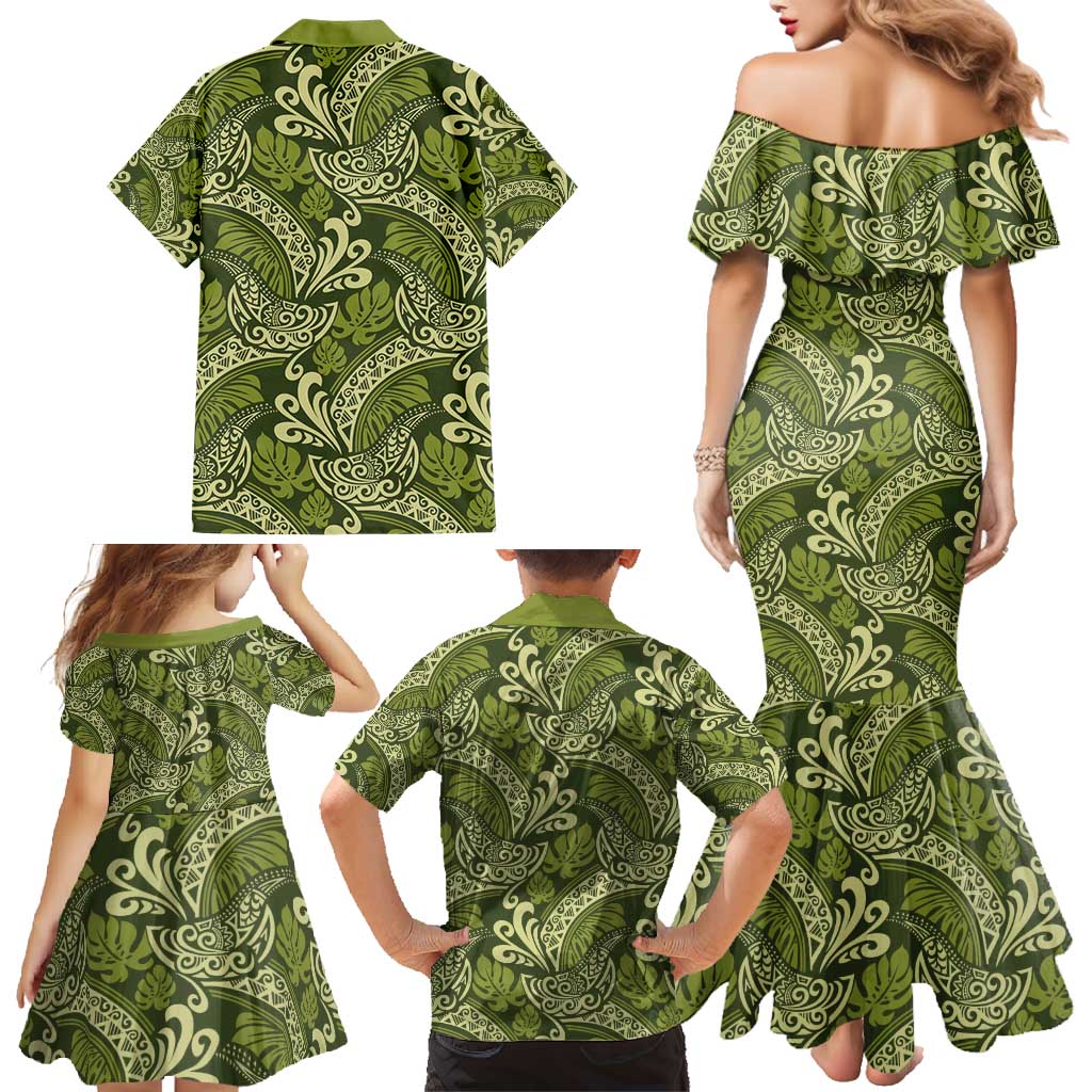 Olive Green Monstera Family Matching Mermaid Dress and Hawaiian Shirt Polynesian Tribal Pattern - Polynesian Pride