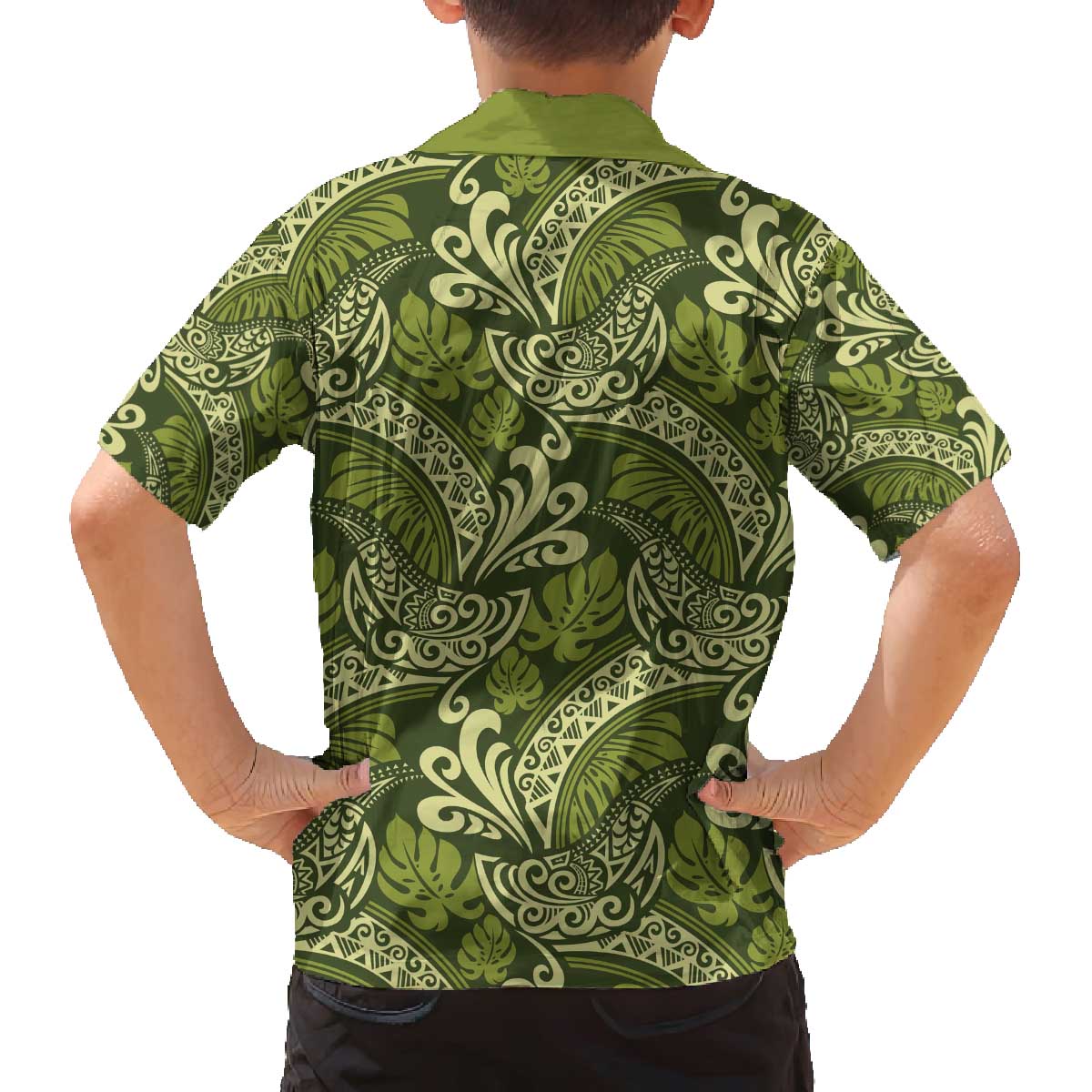 Olive Green Monstera Family Matching Off The Shoulder Long Sleeve Dress and Hawaiian Shirt Polynesian Tribal Pattern LT01 - Polynesian Pride