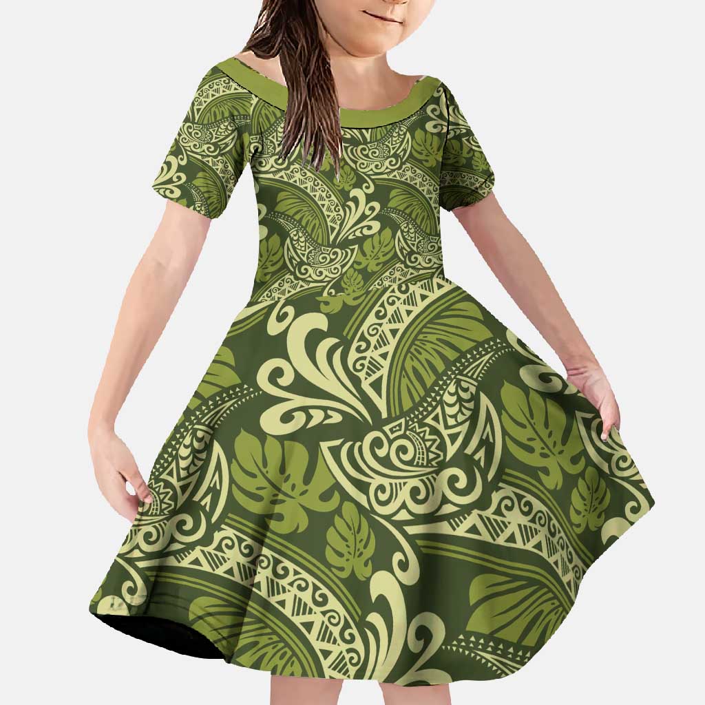 Olive Green Monstera Family Matching Off Shoulder Maxi Dress and Hawaiian Shirt Polynesian Tribal Pattern - Polynesian Pride