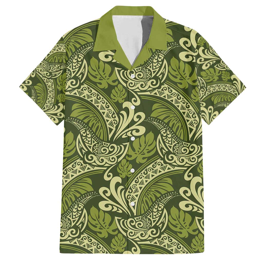 Olive Green Monstera Family Matching Off Shoulder Short Dress and Hawaiian Shirt Polynesian Tribal Pattern - Polynesian Pride
