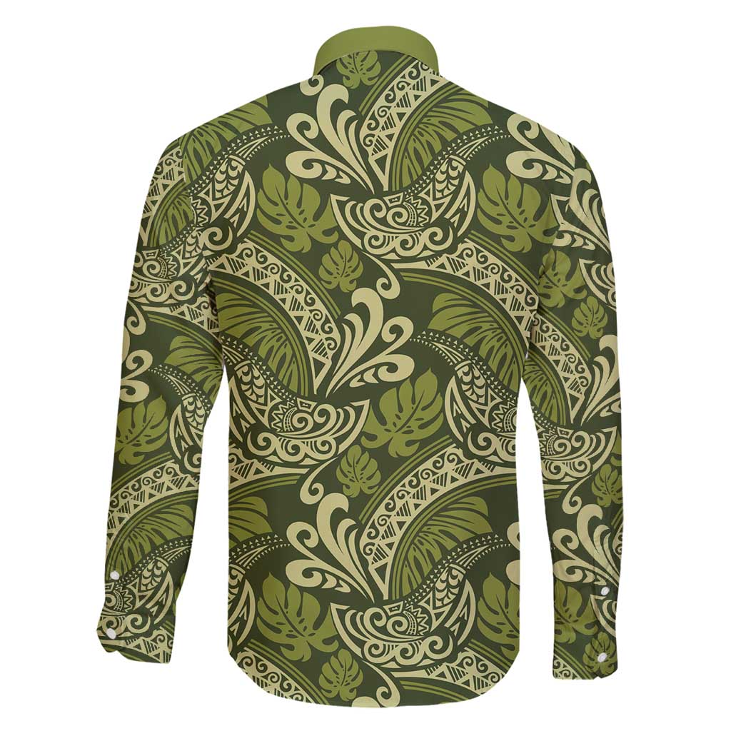 Olive Green Monstera Family Matching Puletasi and Hawaiian Shirt Polynesian Tribal Pattern - Polynesian Pride