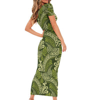 Olive Green Monstera Family Matching Short Sleeve Bodycon Dress and Hawaiian Shirt Polynesian Tribal Pattern - Polynesian Pride