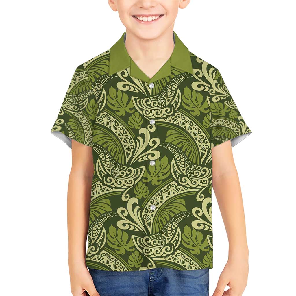 Olive Green Monstera Family Matching Short Sleeve Bodycon Dress and Hawaiian Shirt Polynesian Tribal Pattern - Polynesian Pride