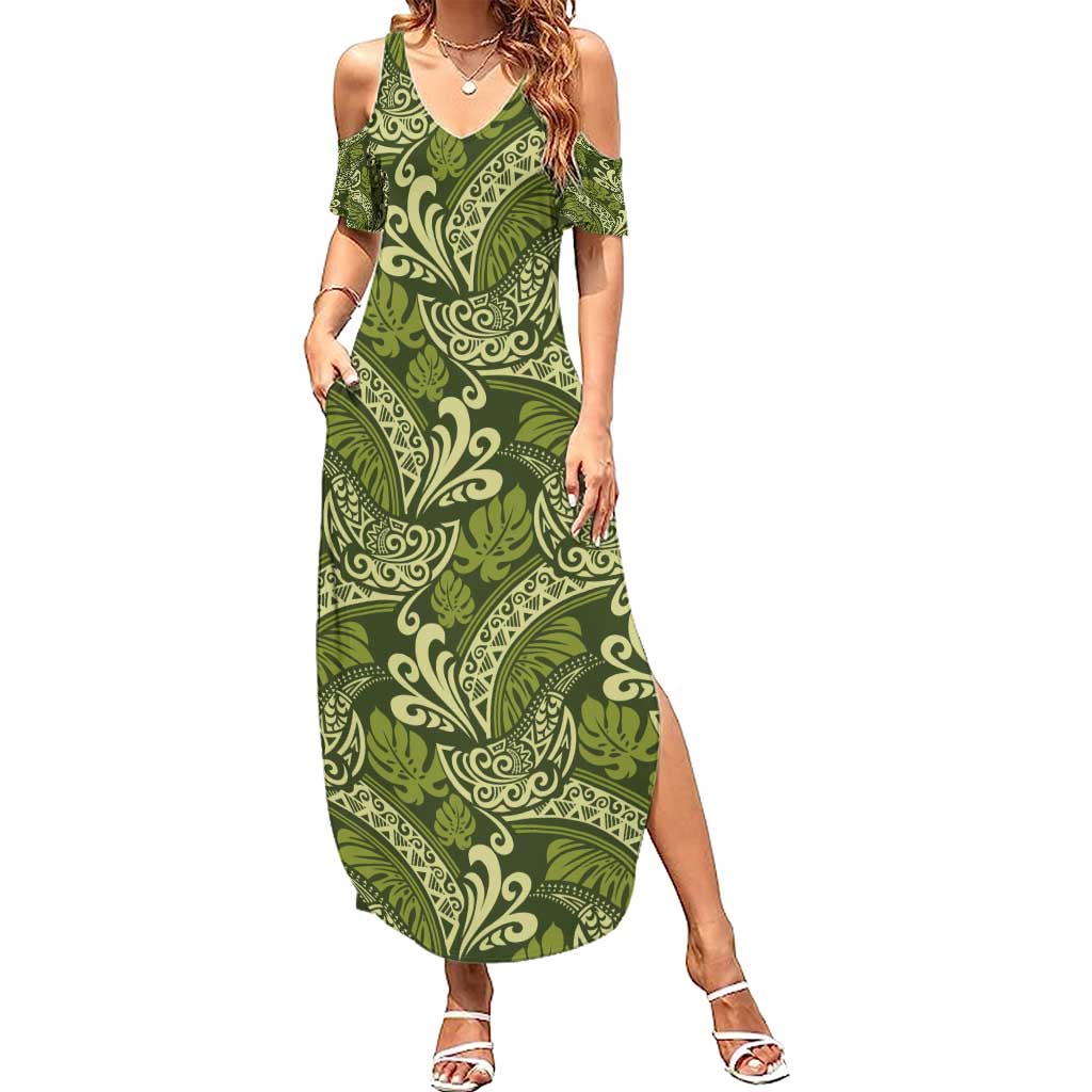 Olive Green Monstera Family Matching Summer Maxi Dress and Hawaiian Shirt Polynesian Tribal Pattern - Polynesian Pride