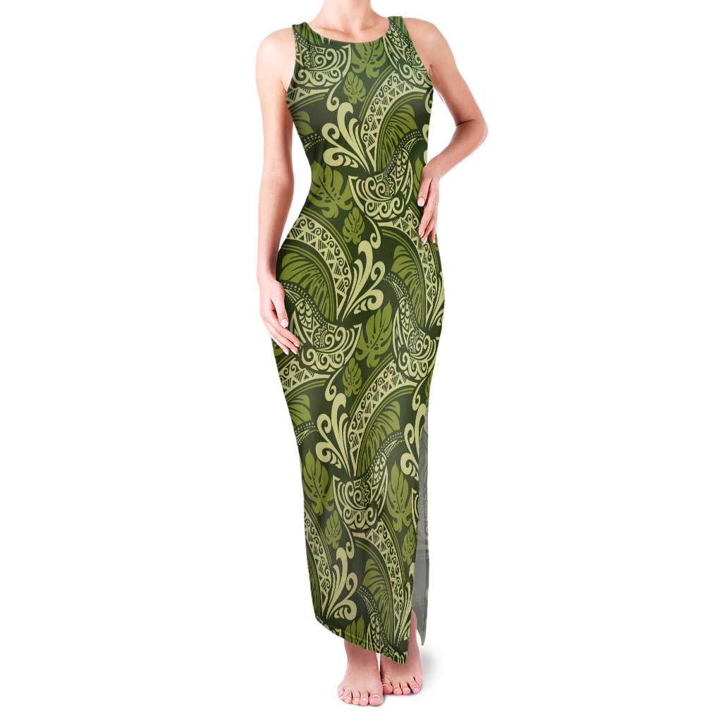 Olive Green Monstera Family Matching Tank Maxi Dress and Hawaiian Shirt Polynesian Tribal Pattern - Polynesian Pride