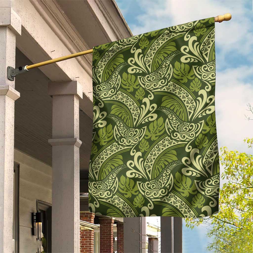 Olive Green Monstera Garden Flag Polynesian Tribal Pattern - Polynesian Pride