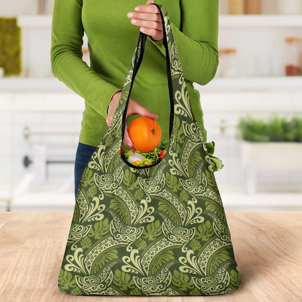 Olive Green Monstera Grocery Bag Polynesian Tribal Pattern - Polynesian Pride