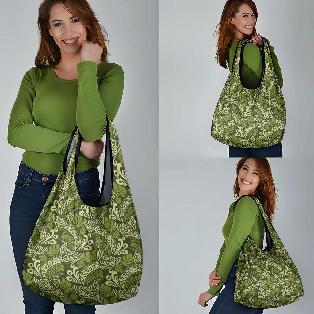 Olive Green Monstera Grocery Bag Polynesian Tribal Pattern - Polynesian Pride