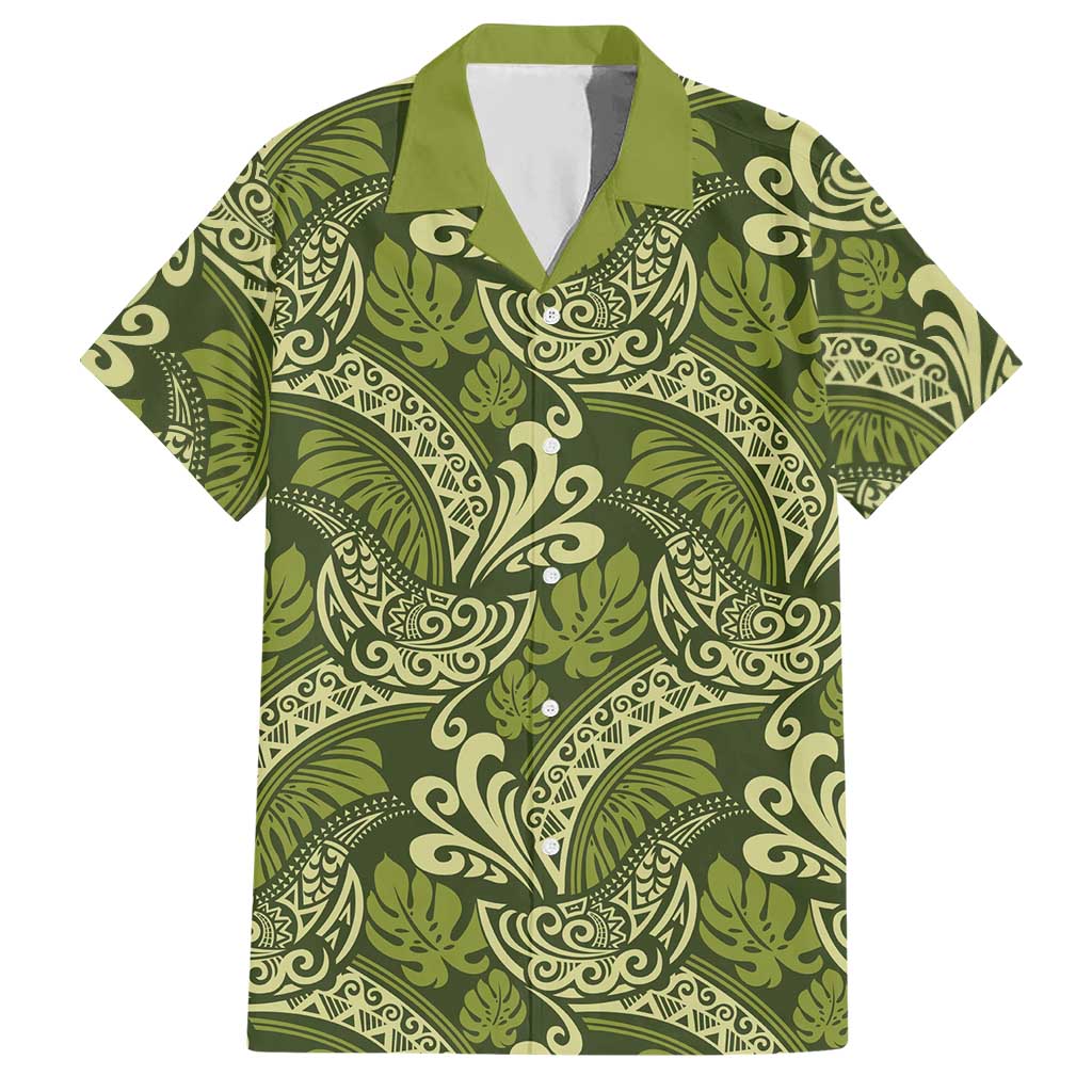 Olive Green Monstera Hawaiian Shirt Polynesian Tribal Pattern - Polynesian Pride