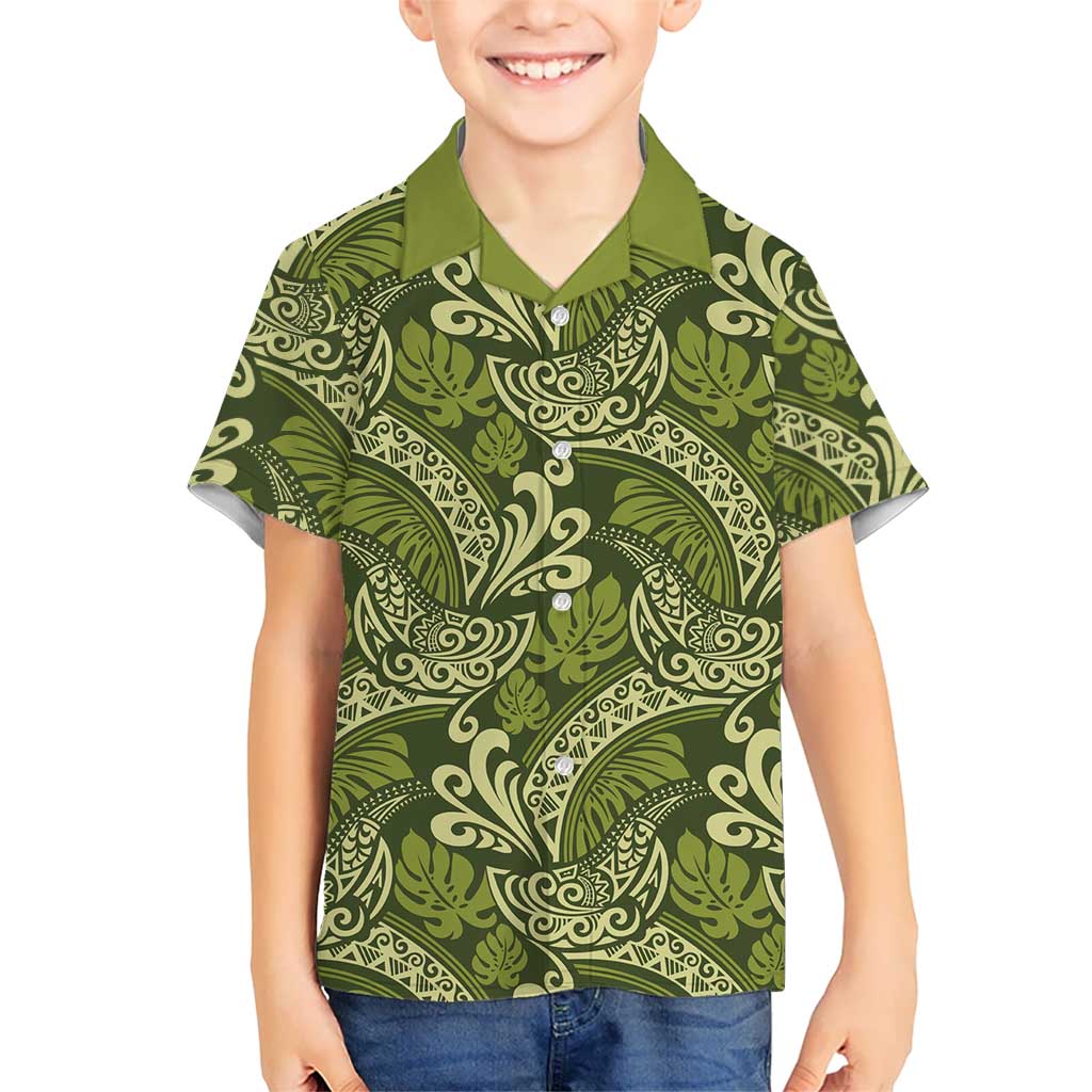 Olive Green Monstera Hawaiian Shirt Polynesian Tribal Pattern - Polynesian Pride