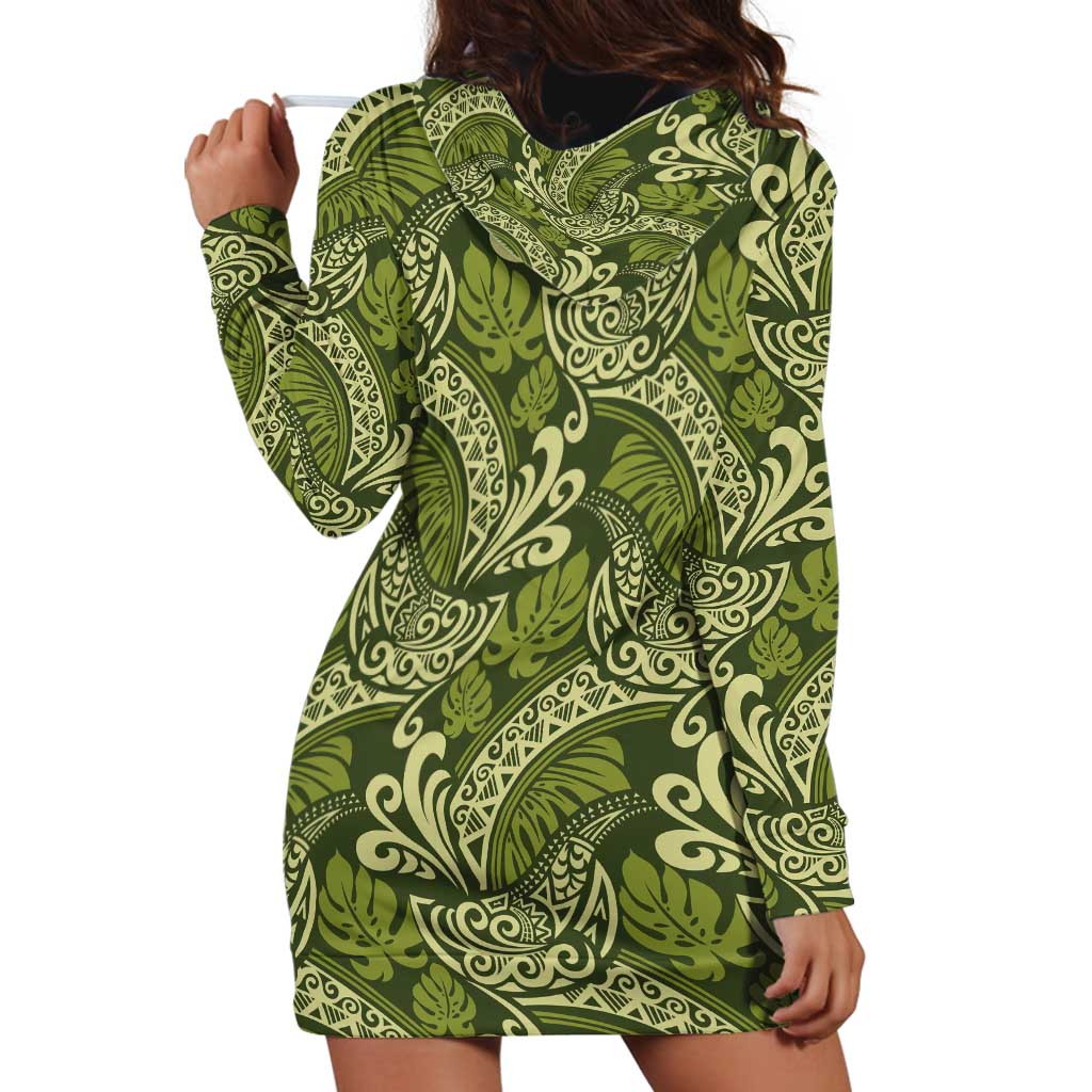 Olive Green Monstera Hoodie Dress Polynesian Tribal Pattern LT01 - Polynesian Pride