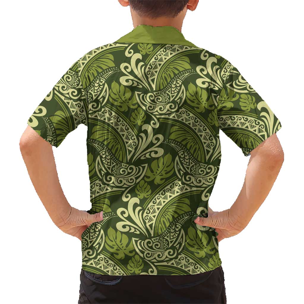 Olive Green Monstera Kid Hawaiian Shirt Polynesian Tribal Pattern LT01 - Polynesian Pride