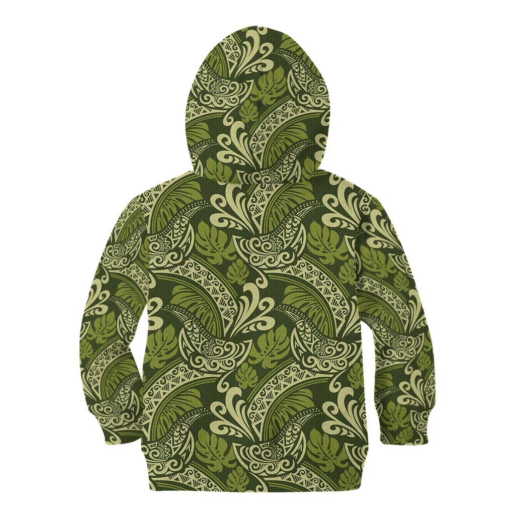 Olive Green Monstera Kid Hoodie Polynesian Tribal Pattern - Polynesian Pride