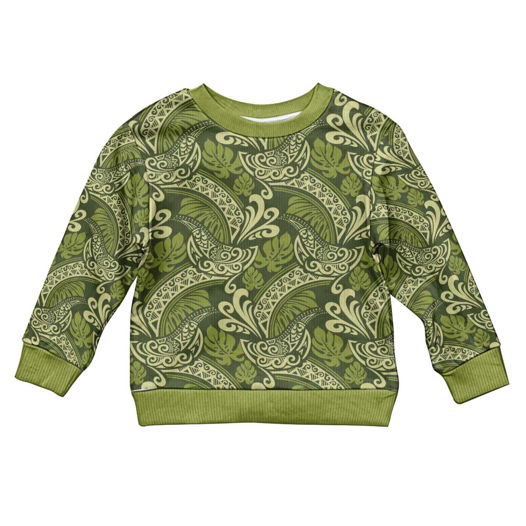 Olive Green Monstera Kid Ugly Christmas Sweater Polynesian Tribal Pattern LT01 Kid Green - Polynesian Pride