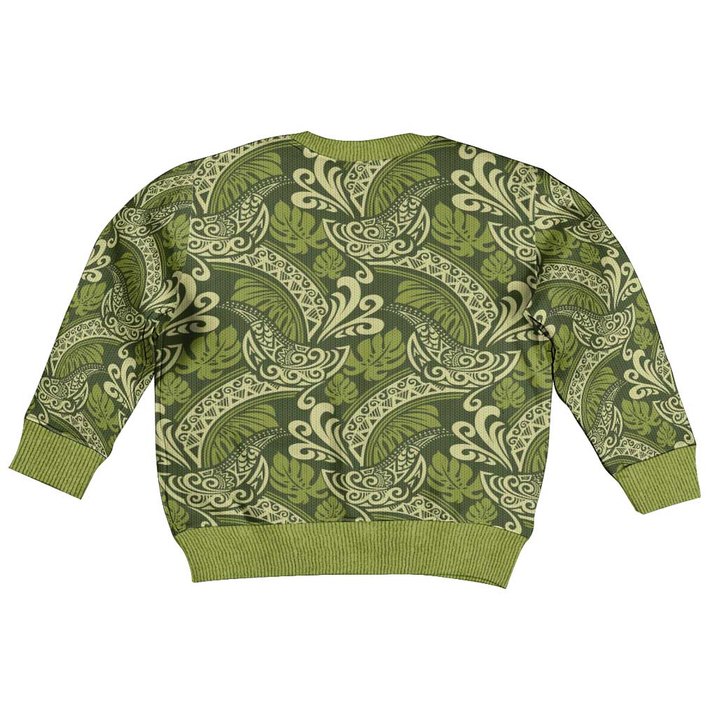 Olive Green Monstera Kid Ugly Christmas Sweater Polynesian Tribal Pattern LT01 - Polynesian Pride
