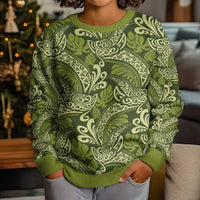 Olive Green Monstera Kid Ugly Christmas Sweater Polynesian Tribal Pattern LT01 - Polynesian Pride