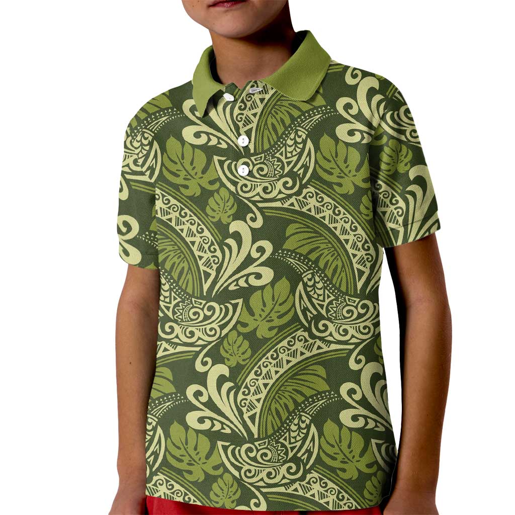 Olive Green Monstera Kid Polo Shirt Polynesian Tribal Pattern LT01 Kid Green - Polynesian Pride