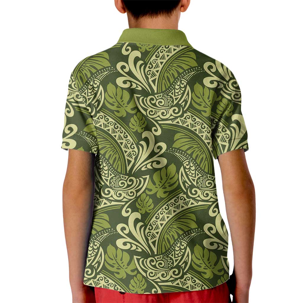 Olive Green Monstera Kid Polo Shirt Polynesian Tribal Pattern LT01 - Polynesian Pride