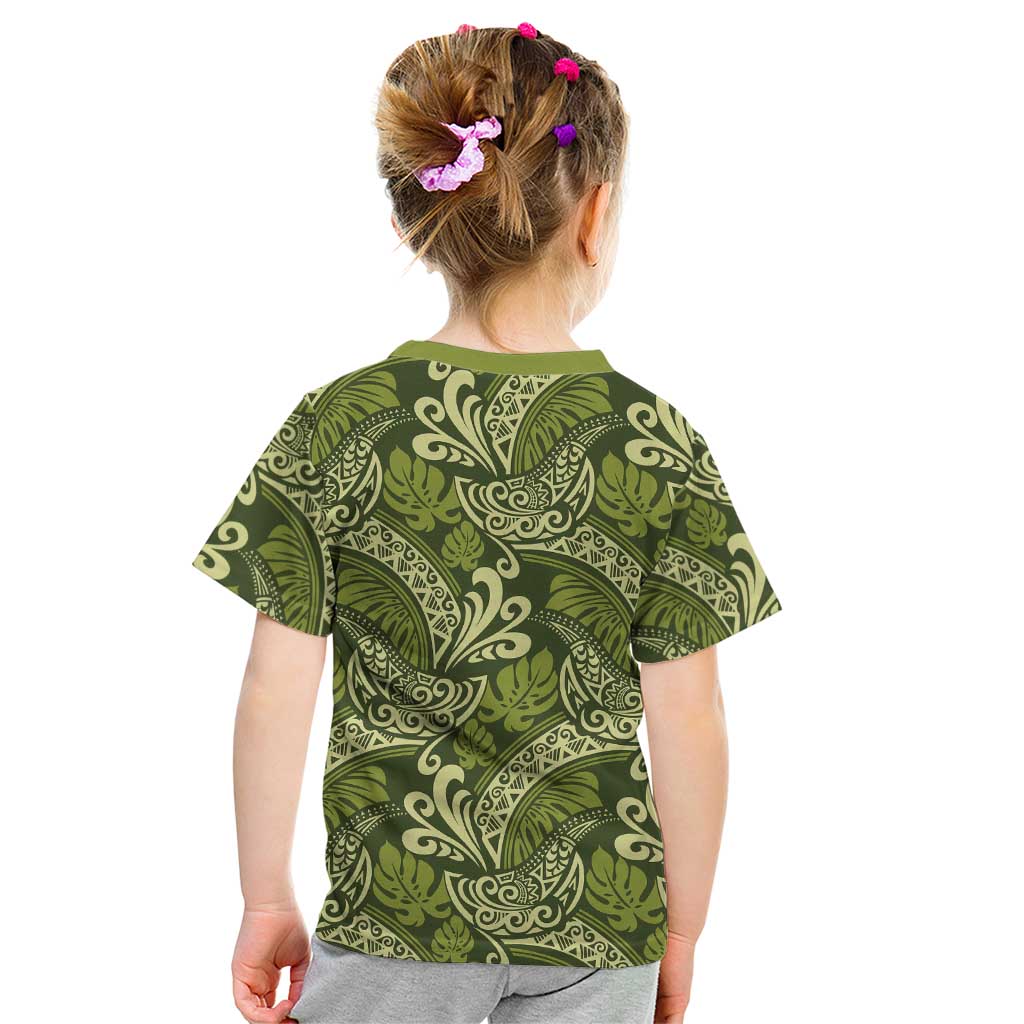 Olive Green Monstera Kid T Shirt Polynesian Tribal Pattern LT01 - Polynesian Pride