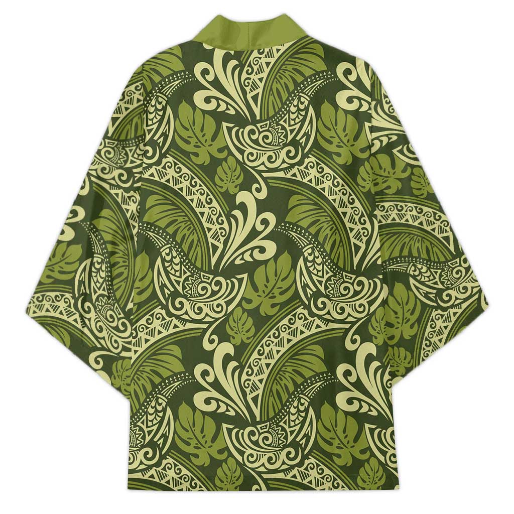 Olive Green Monstera Kimono Polynesian Tribal Pattern LT01 - Polynesian Pride