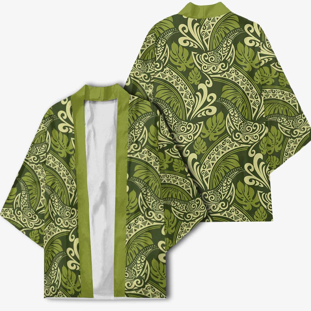 Olive Green Monstera Kimono Polynesian Tribal Pattern LT01 - Polynesian Pride
